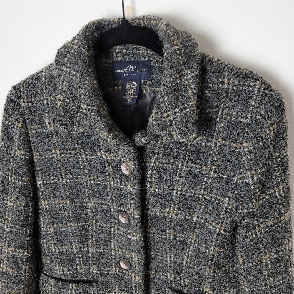 Andrea Viccaro Gray Wool Blend Grid Button Down Blazer Size 6 Petite Career - Picture 2 of 7
